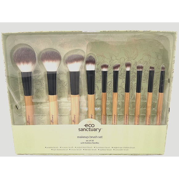 Eco Sanctuary Make Up Brush 10pc Set Bamboo Handles Powder Bronzer Concealer Eye - Picture 1 of 16